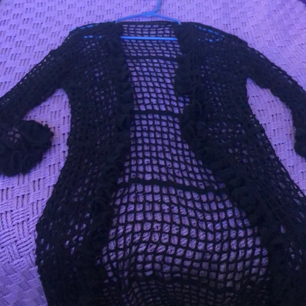 Handmade Crochet Mesh Cardigan/Swim Coverup Black With Ruffled Trim